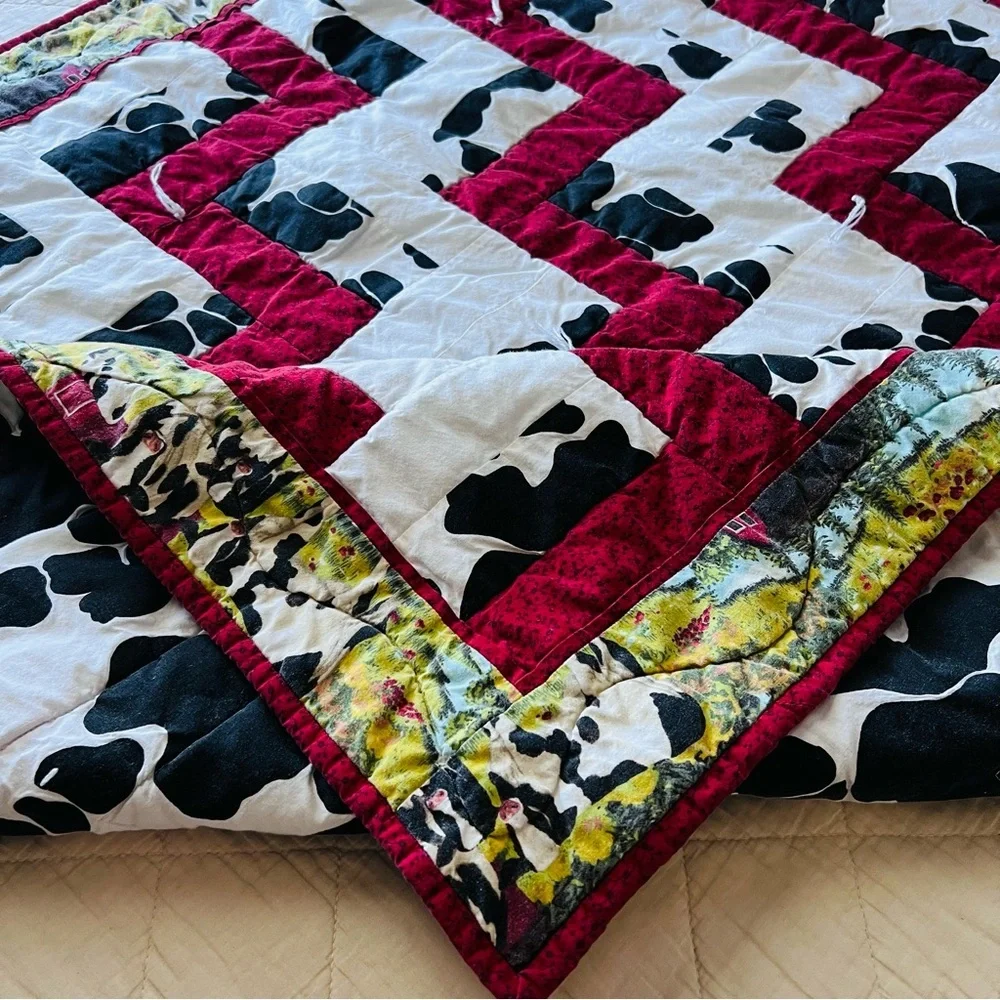 Handmade Cow Print Patchwork Quilt Throw – Reversible – 42” x 52”